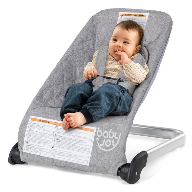 Gray baby bouncer seat with 5-point harness, baby seated and looking forward