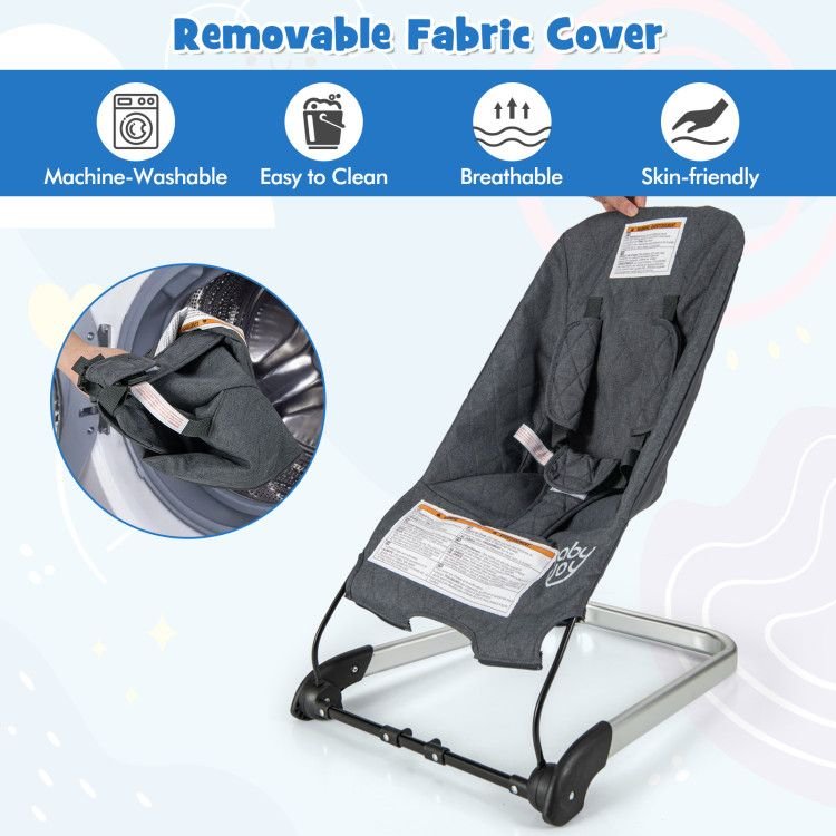 Baby bouncer seat with removable dark gray fabric cover and aluminum metal frame