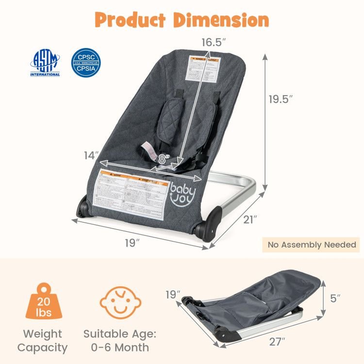 Baby bouncer seat with dark gray fabric cover on aluminum metal frame, angled view