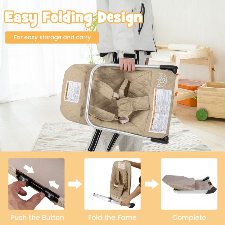 Baby bouncer seat with light beige cover and metal frame, shown in a folded position