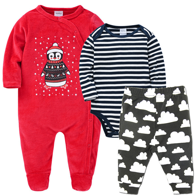 Red panda long-sleeve baby bodysuit with button placket, plus navy stripe and cloud pants