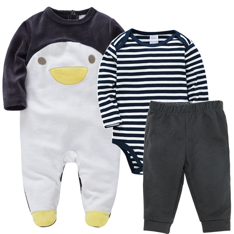 Dark gray and navy striped long-sleeve baby bodysuit set with penguin face, plus gray pants