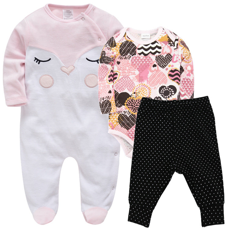 Pink long-sleeve baby bodysuit with animal face, plus black dotted pants set