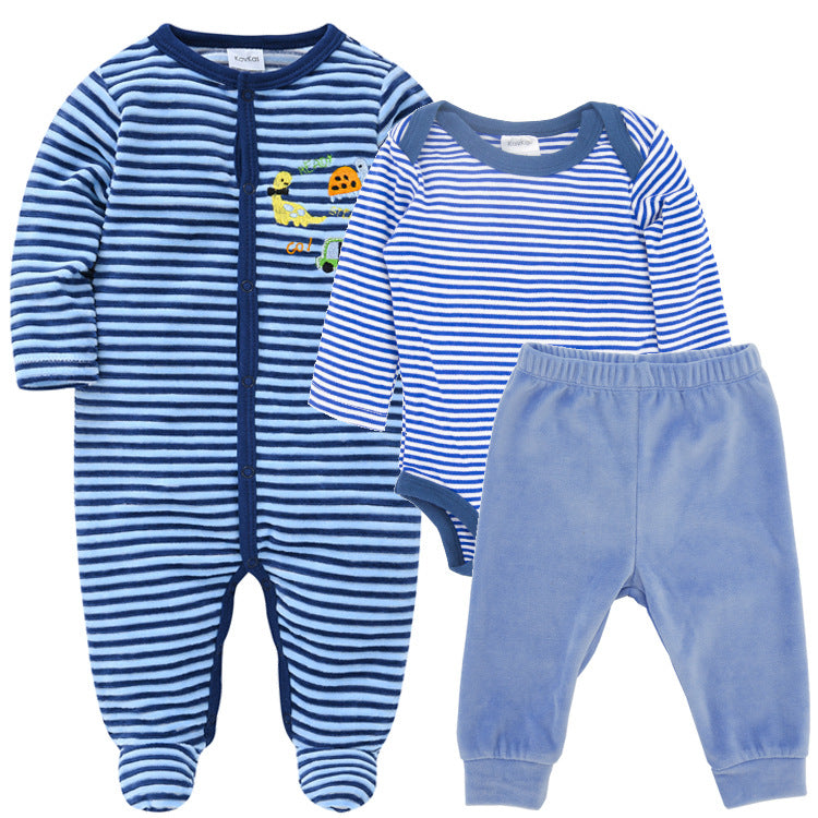 Blue striped long-sleeve baby bodysuit with zip front, plus light blue jogger pants