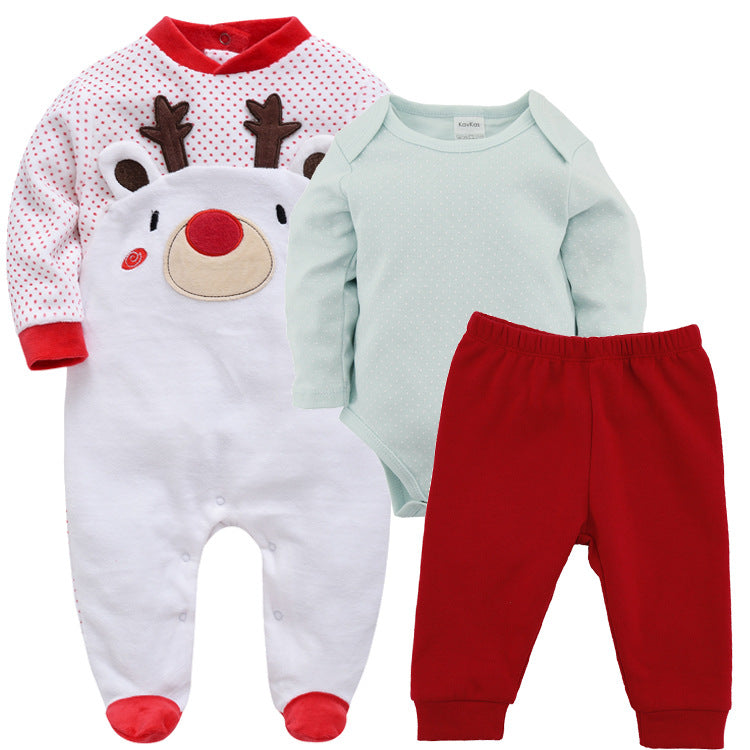 Red reindeer long-sleeve baby bodysuit with feet, plus light teal top and red pants