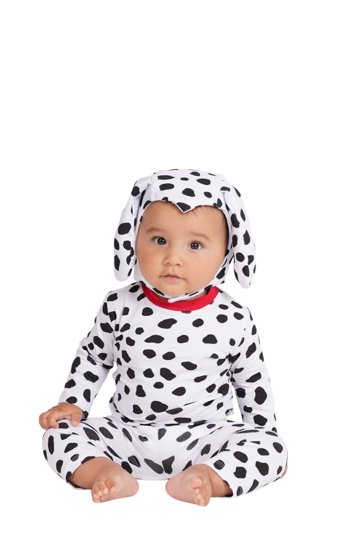 Baby Dalmatian hooded costume with black spots, long sleeves, and matching pants, seated