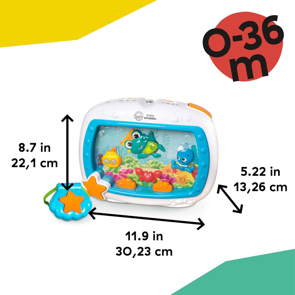 Baby Einstein sea-themed musical crib toy with blue screen and star controller, size shown
