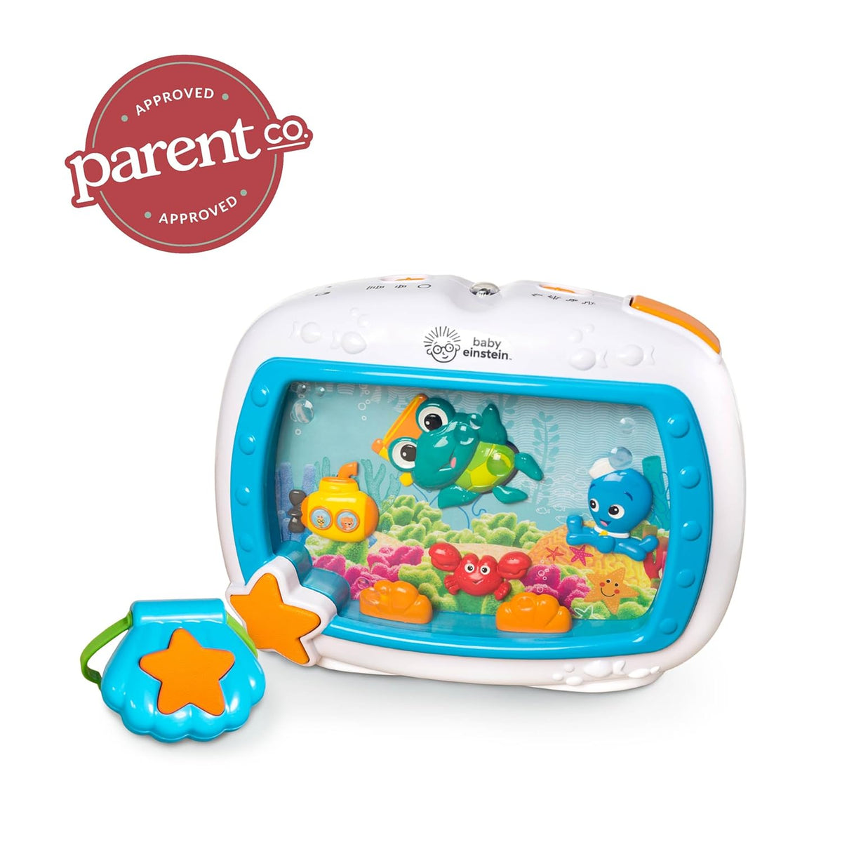 Baby Einstein sea-themed musical crib toy with star button and blue aquarium screen