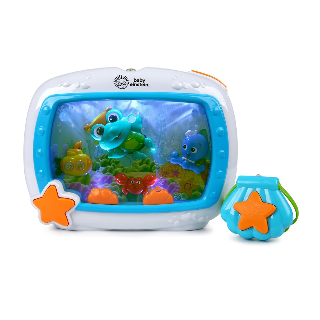 Baby Einstein sea-themed musical crib toy with blue screen and star-shaped hand controller
