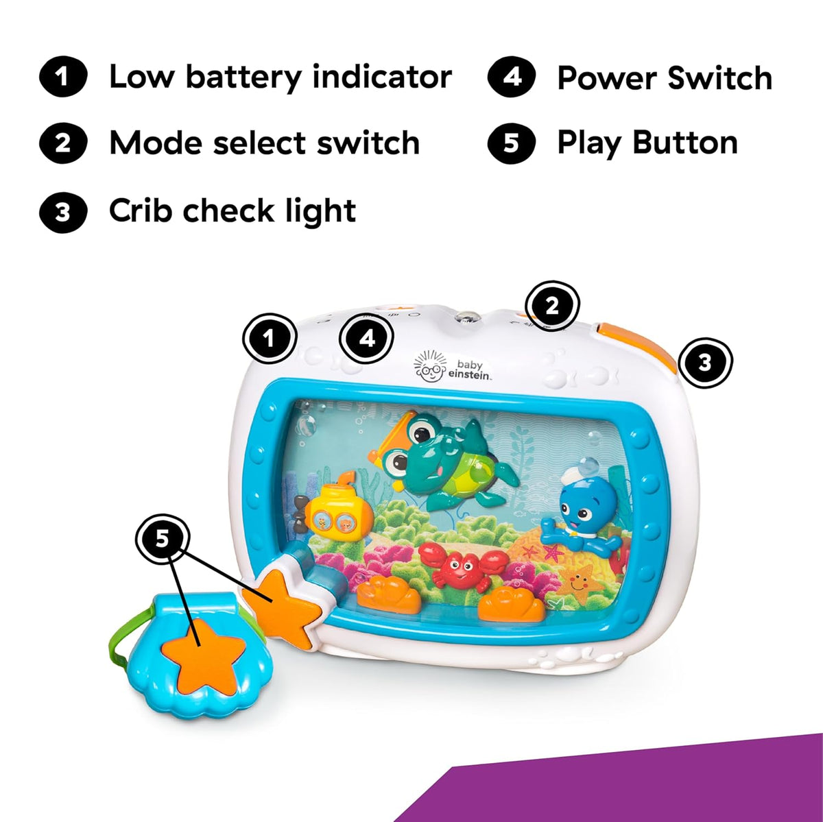 Baby Einstein crib toy with numbered control labels, plus small star-shaped controller