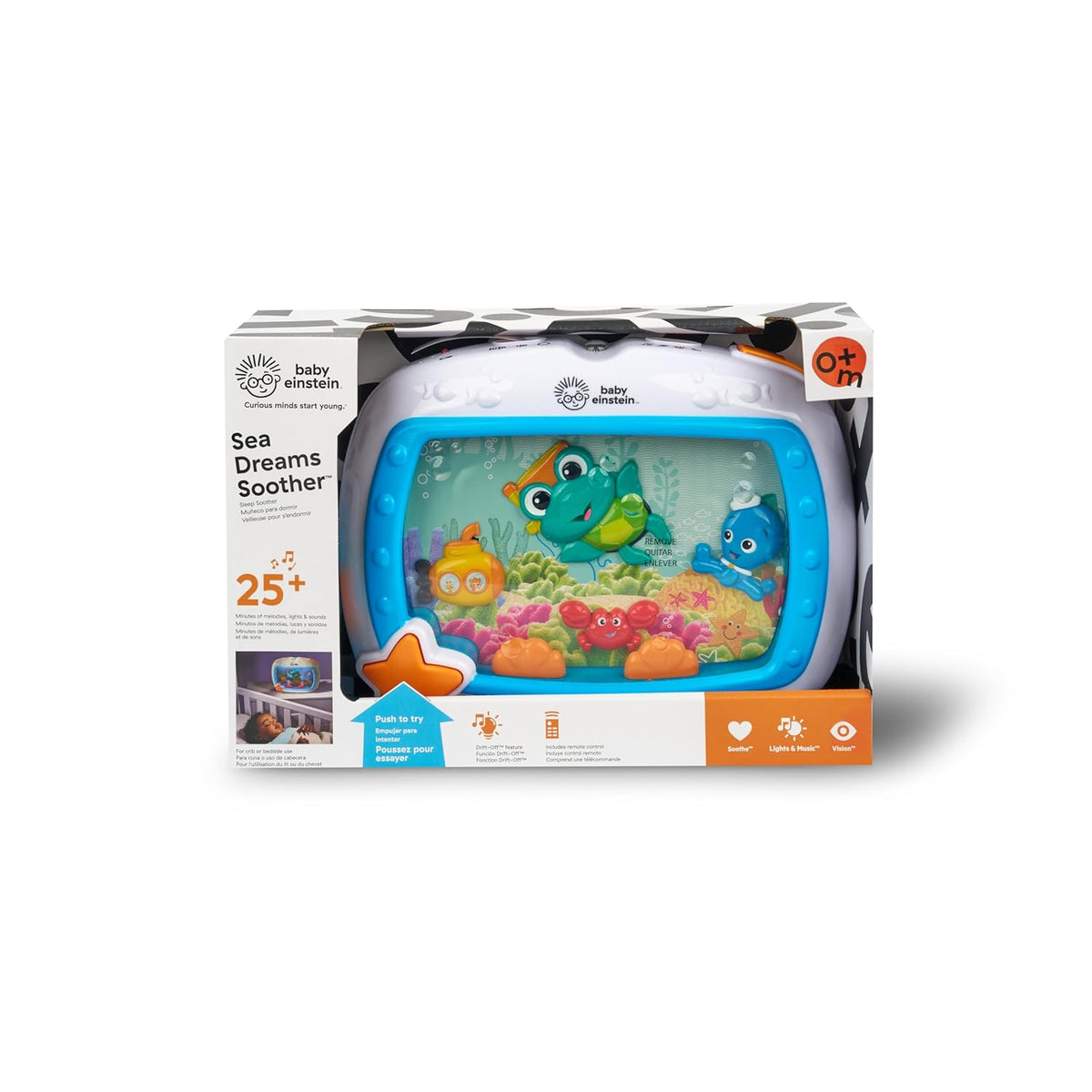 Sea Dreams Soother musical crib toy and sound machine in retail box, blue aquarium screen