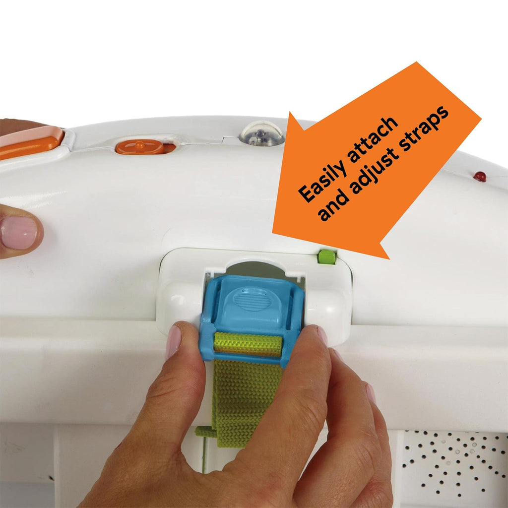 Baby Einstein crib toy battery compartment with strap being adjusted by a hand