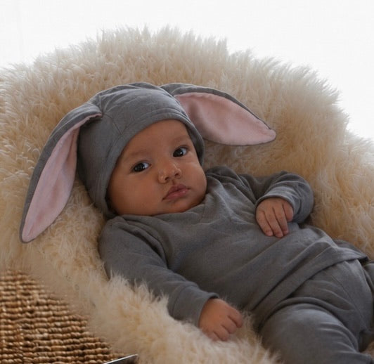 Gray bunny costume for baby, hood with pink-lined bunny ears over gray outfit