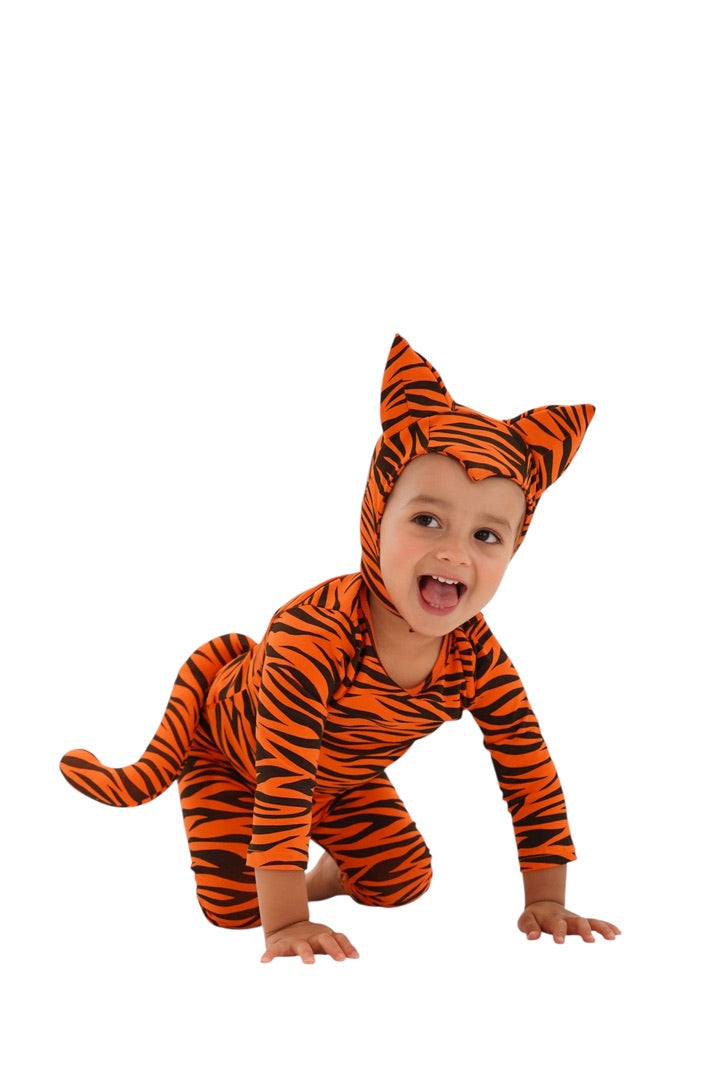 Orange tiger-print hooded baby costume onesie with black stripes and tail