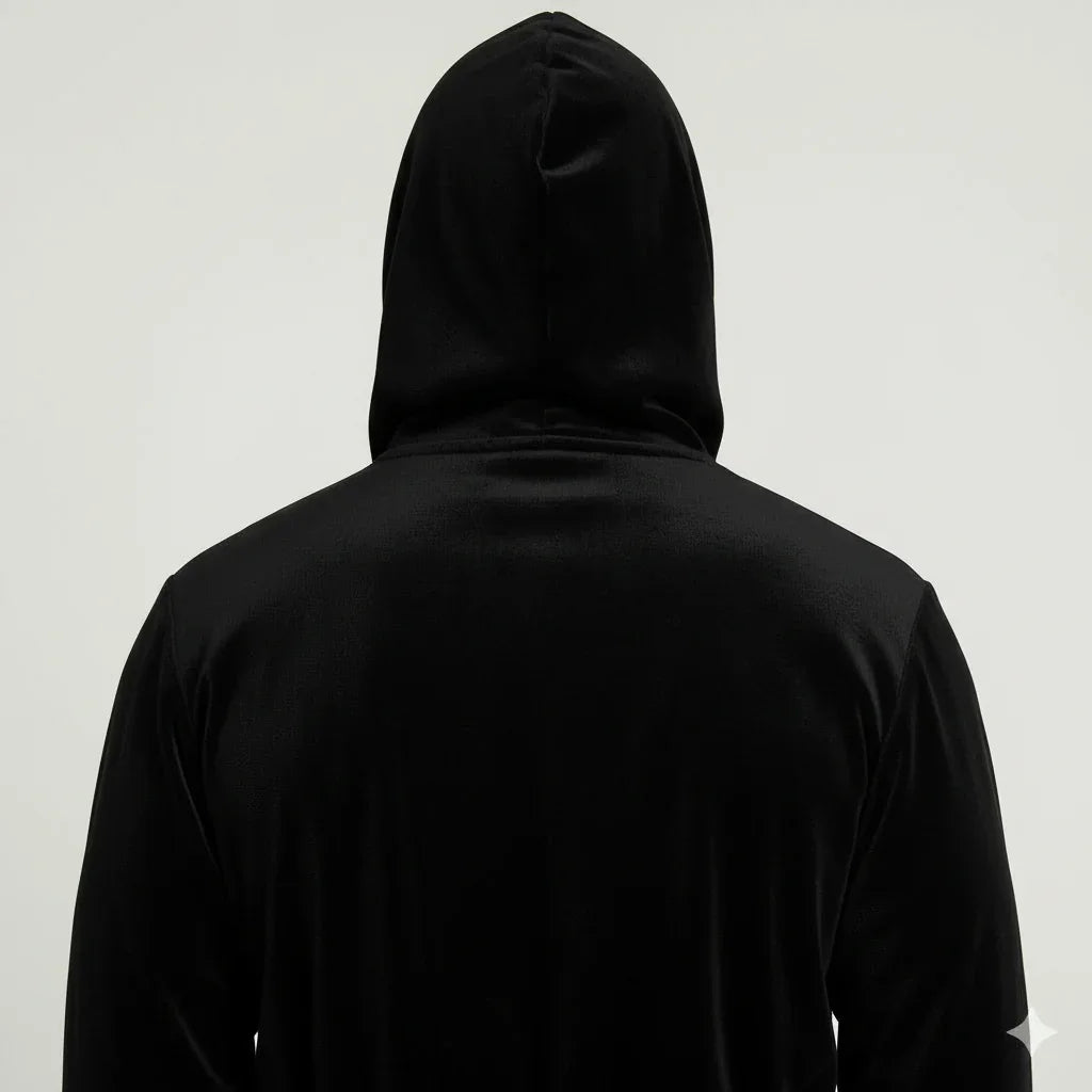 Men’s hooded plush robe in black shown from behind