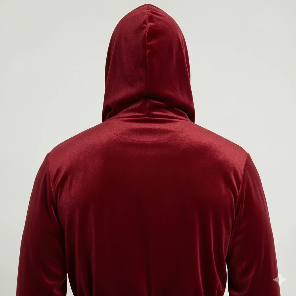 Men’s hooded plush robe in deep burgundy red shown from behind