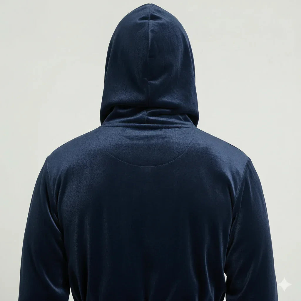 Men’s hooded plush robe in dark navy blue shown from behind