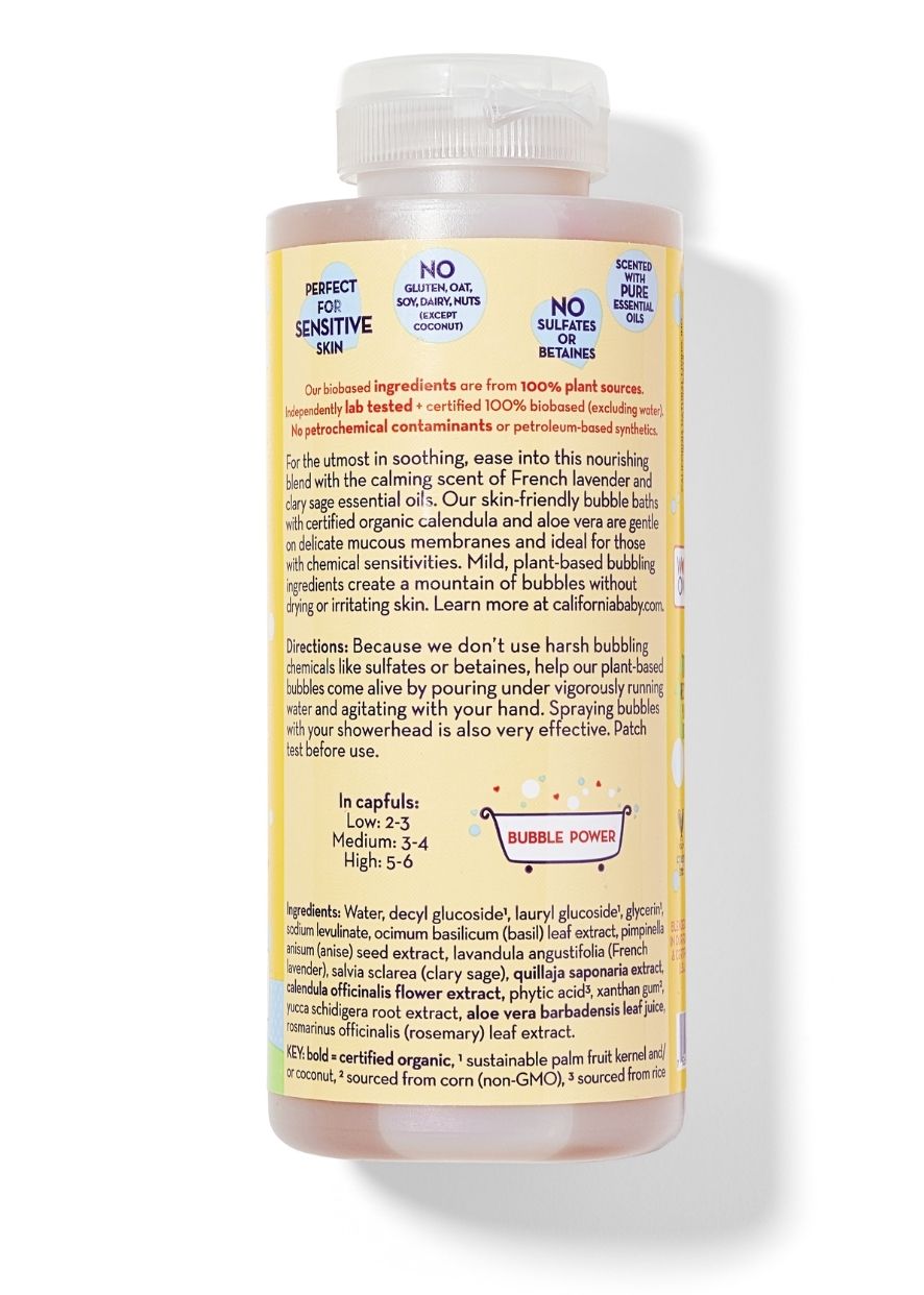 Calendula bubble bath bottle back label with directions and ingredient text