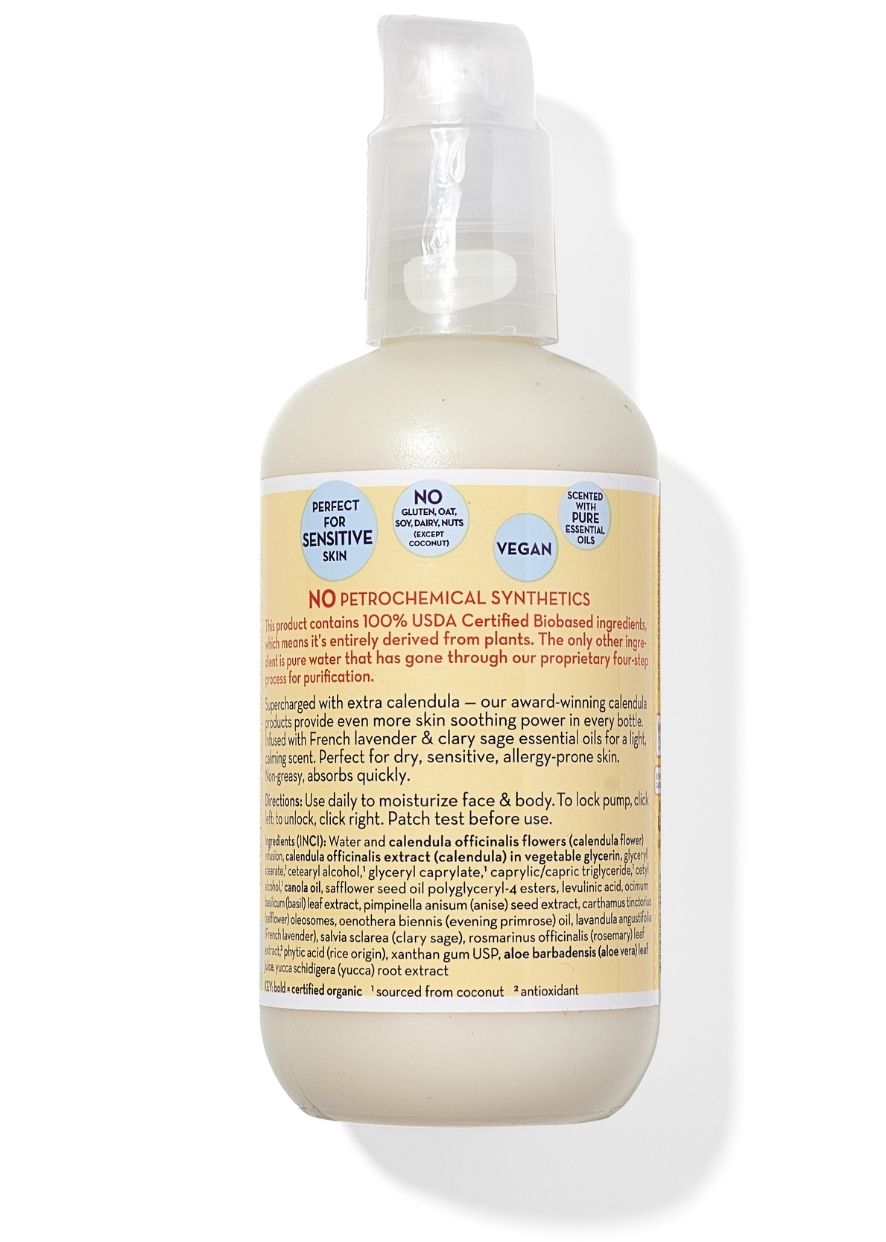 Calendula Everyday Lotion bottle with white pump, back label information