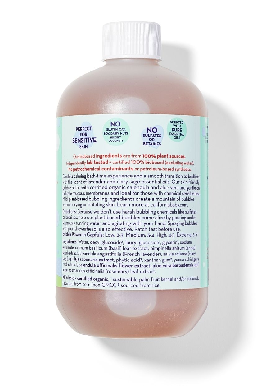 Bubble bath & bodywash bottle back with ingredient text and white screw cap