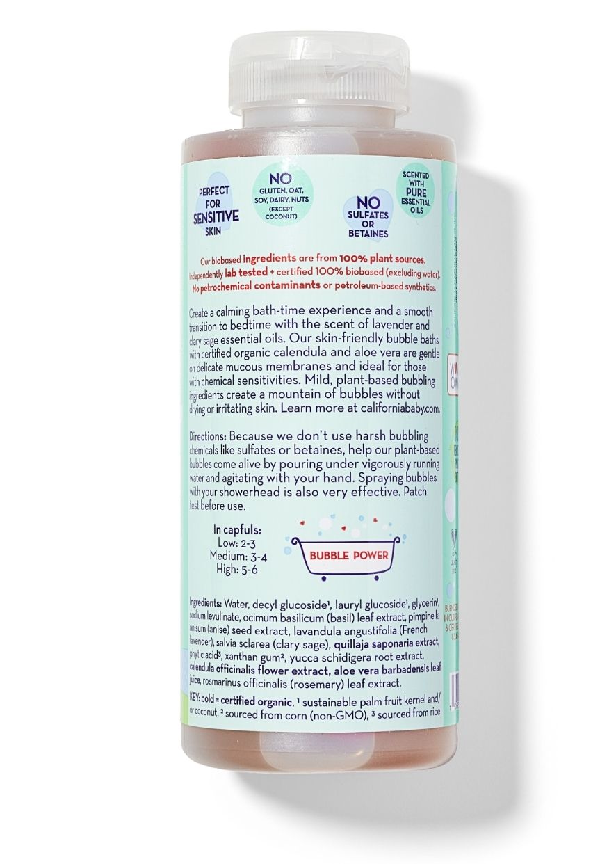 Bubble bath bottle back label with ingredient and directions text