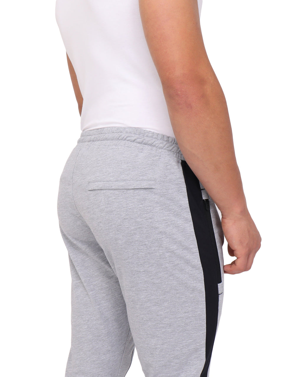 Light grey heather jogger with side stripe and elastic waistband, tapered fit