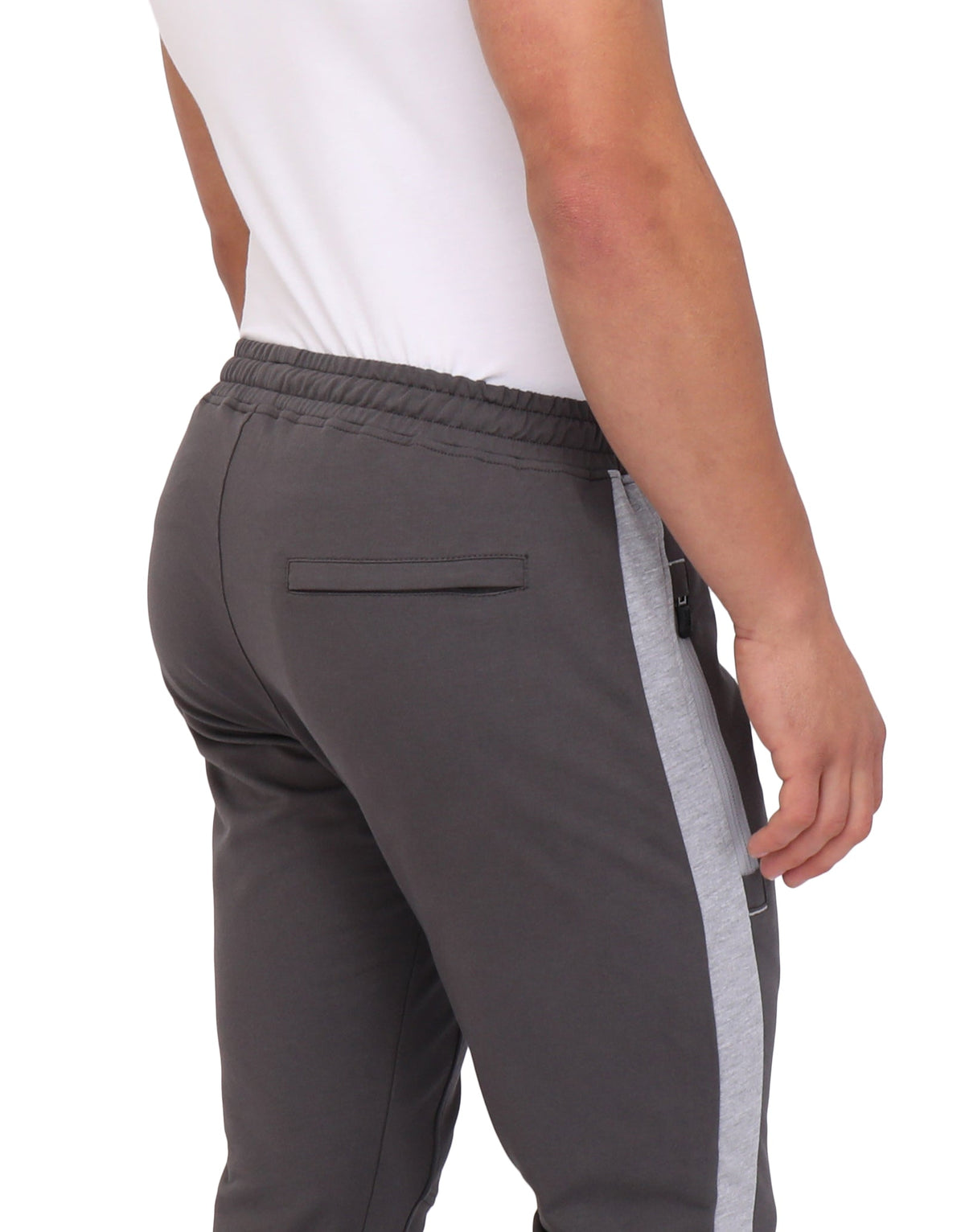 Tall fit jogger pants with rear back yoke, elastic waistband, and side stripe detail