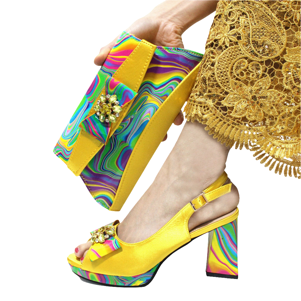 Ladies shoes and matching beaded set with yellow heels and rainbow-pattern clutch