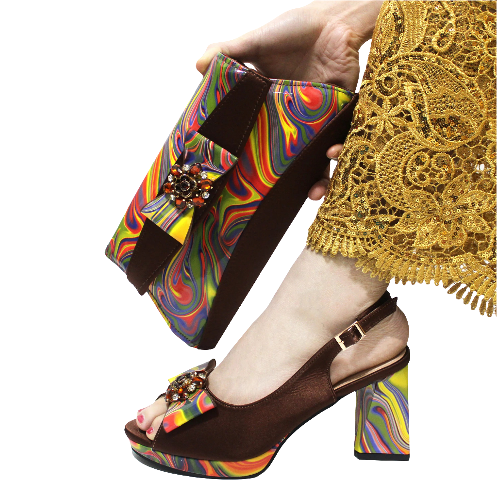 Ladies shoes and matching beaded set featuring brown heels with colorful bag