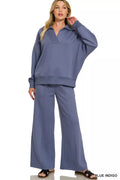 Blue indigo collared pullover and wide-leg center-seam pants set