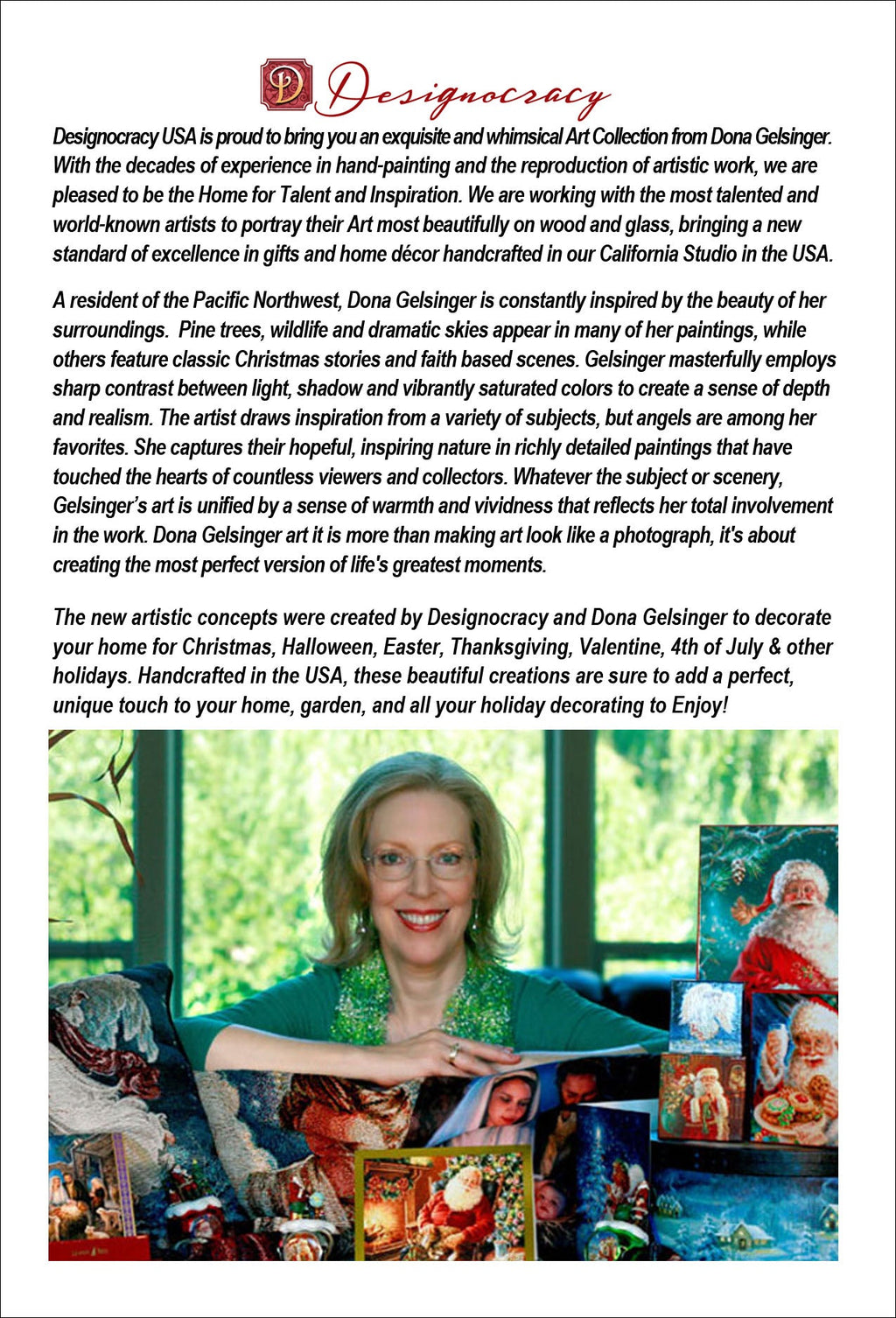 Designocracy catalog page with portrait of the designer holding holiday ornaments