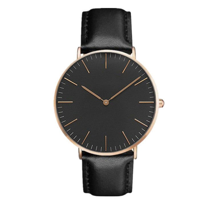 Quartz wristwatch with black dial, black leather strap, rose-gold case