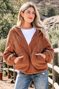 Brown sherpa fleece zip-up hooded jacket with front zipper and kangaroo pockets