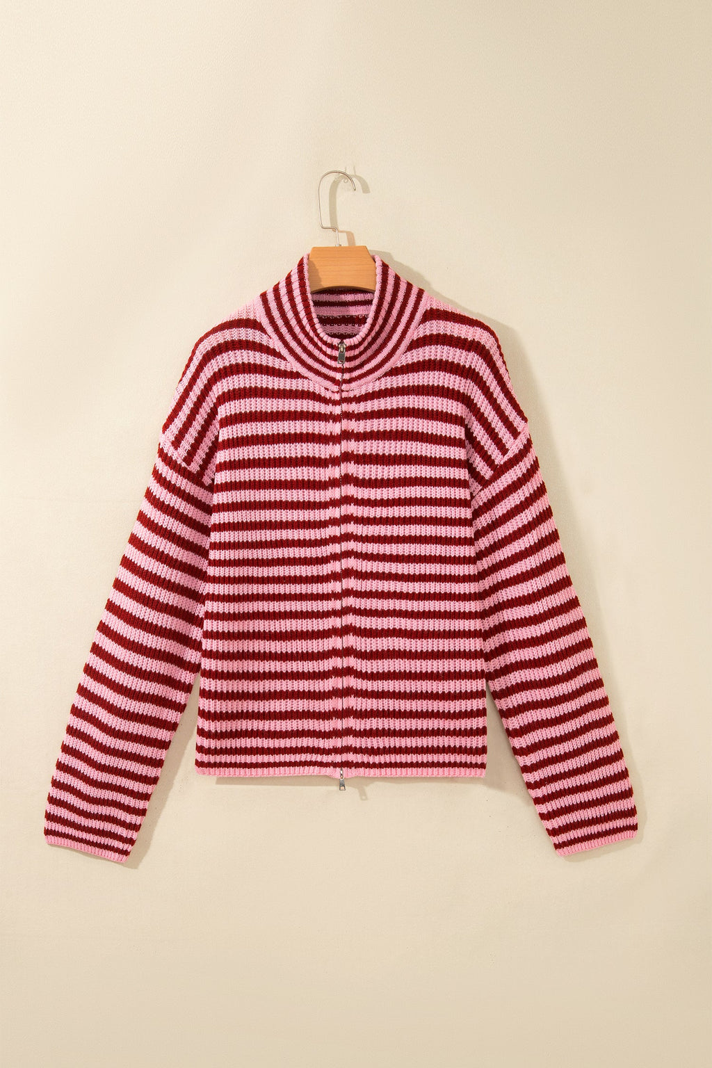 Red and white striped mock-neck zip cardigan with drop-shoulder sleeves