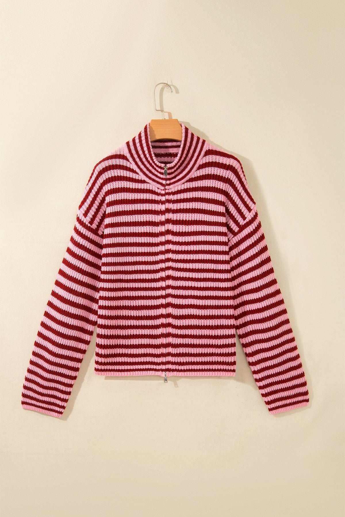 Red and white striped mock-neck zip cardigan with drop-shoulder sleeves