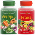Two-pack supplement bottles: red Fruits and green Veggies, 90 capsules each