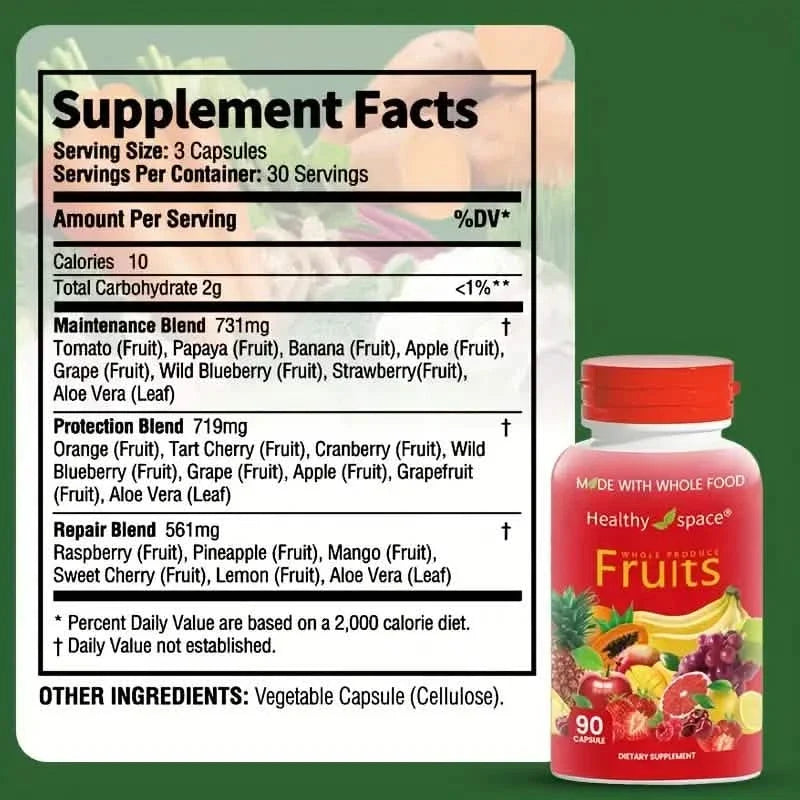 Supplement Facts label with red Fruits bottle shown to the side