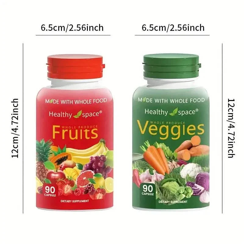 Size chart for fruit and veggie supplement bottles, red and green with dimensions