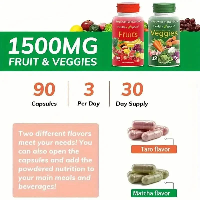Fruit and veggie supplement bottles with 1500mg text and 90-capsule counts