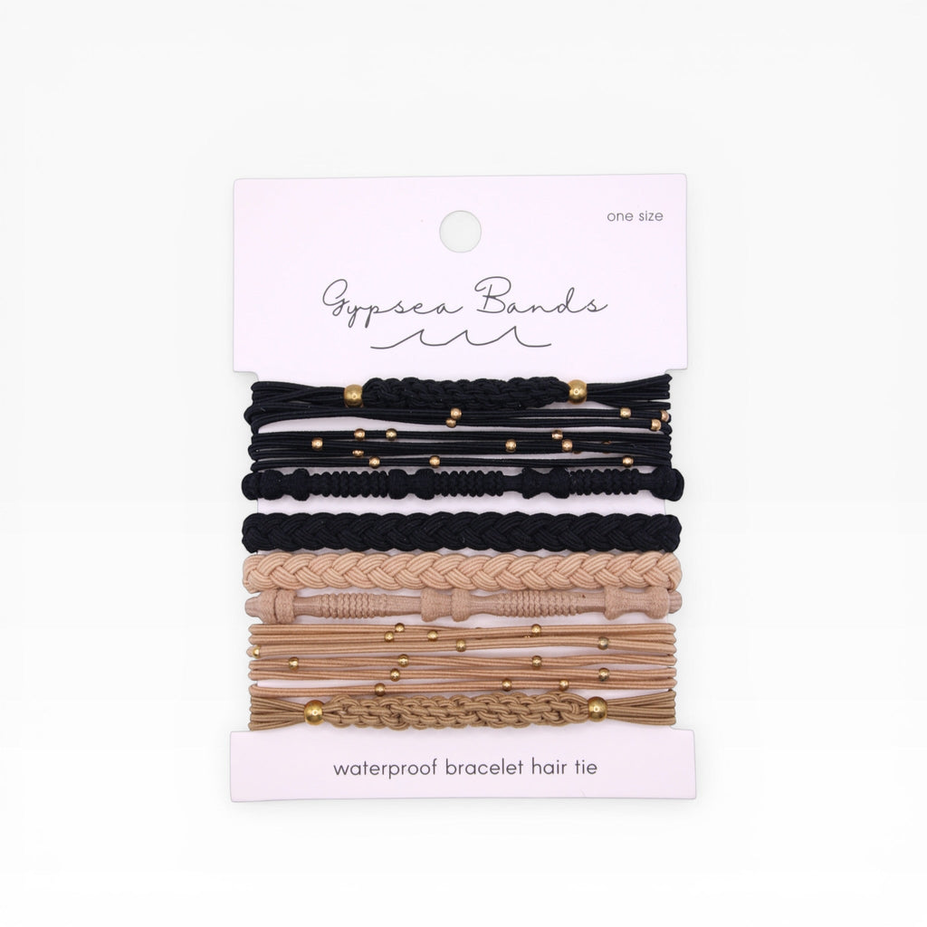 Braided hair tie bracelet set with gold beads, mixed black and nude tones