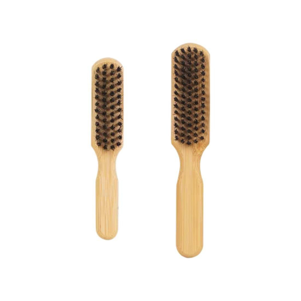 Bamboo beard brush duo with two oval wooden brushes and dark bristle pads