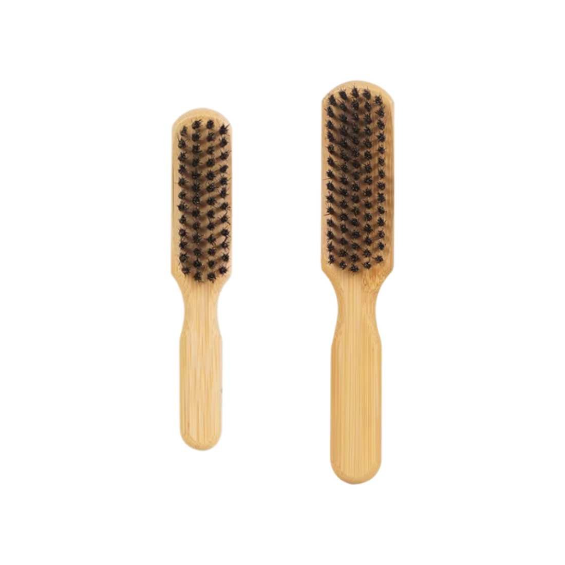 Bamboo beard brush duo with two oval wooden brushes and dark bristle pads