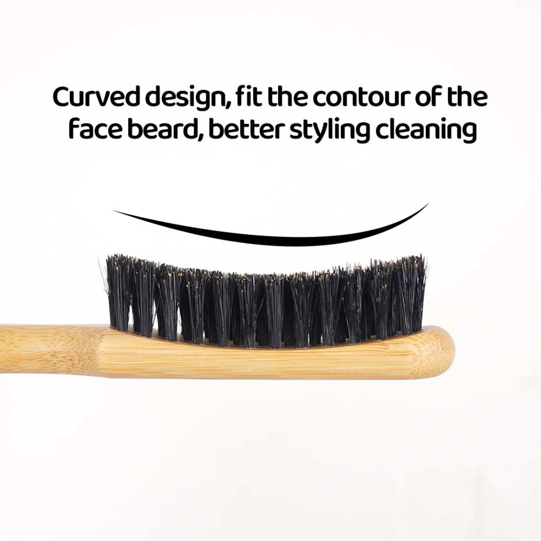 Bamboo beard brush with curved oval bristle top and light wooden handle