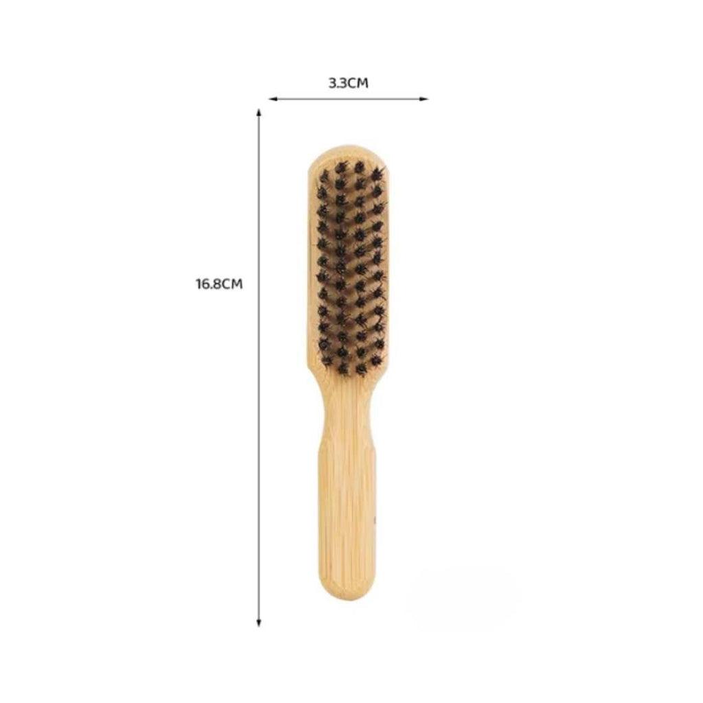 Bamboo beard brush with oval bristle pad and light bamboo handle (size shown)