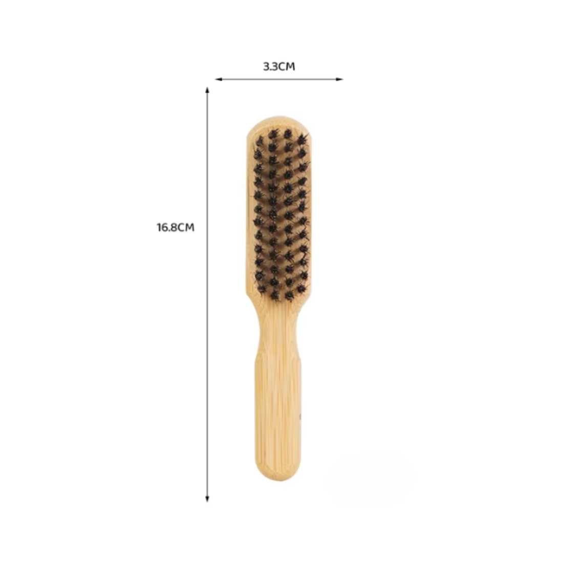 Bamboo beard brush with oval bristle pad and light bamboo handle (size shown)