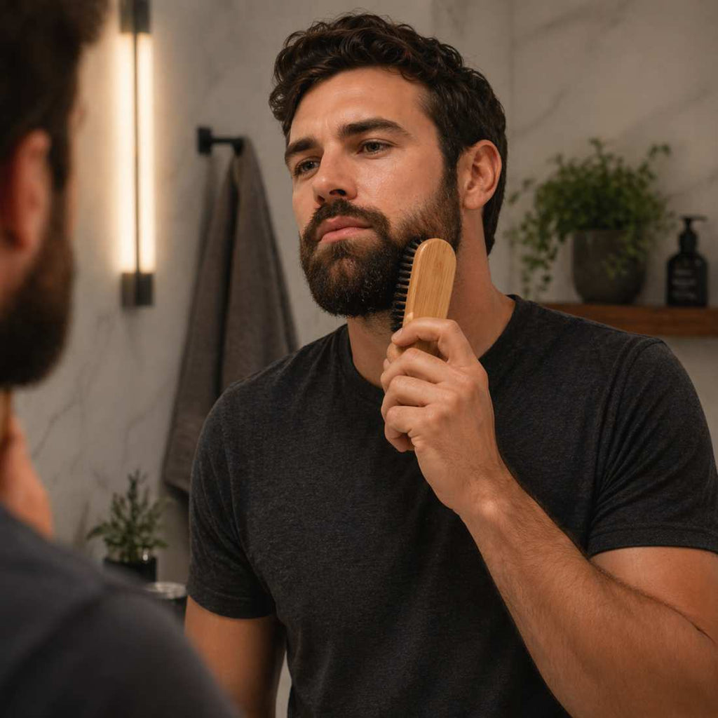 Bamboo beard brush held to style a man's beard with oval bristle head