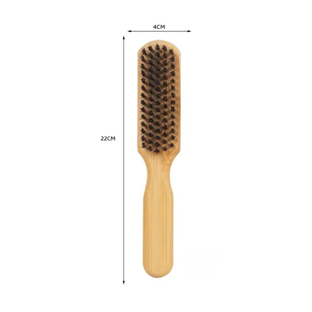 Bamboo beard brush with oval bristle pad and long light bamboo handle (size shown)