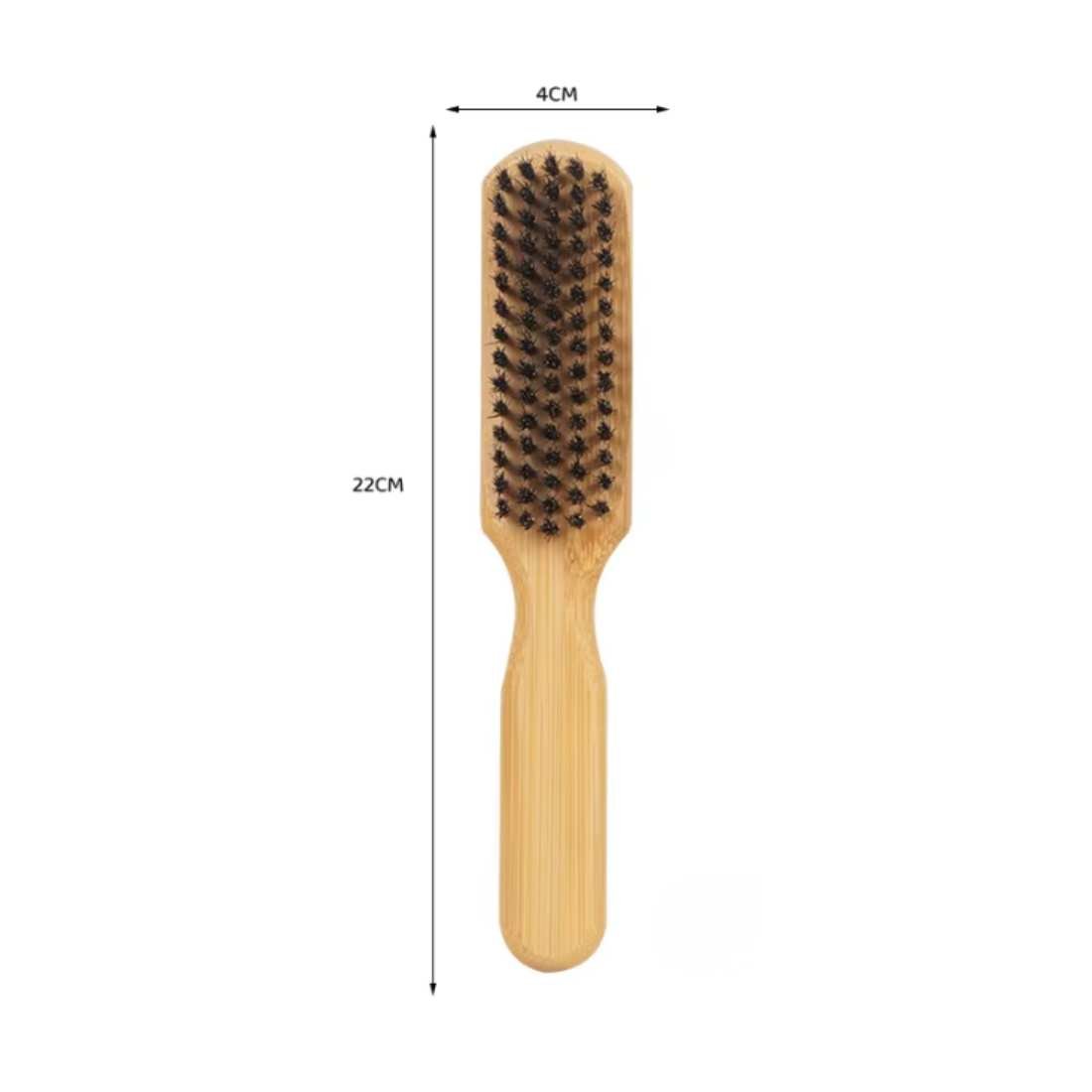 Bamboo beard brush with oval bristle pad and long light bamboo handle (size shown)