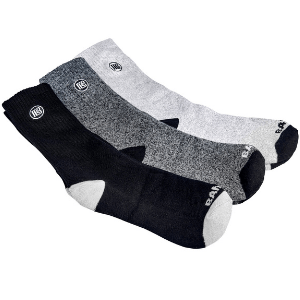 Three crew socks in black, heather gray, and light gray with logo cuffs
