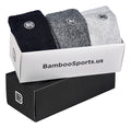 3-pair crew socks gift box with black, heather gray, and light gray socks